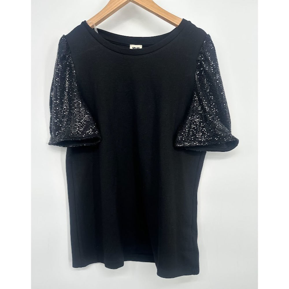 Anne Klein Womens Black Sequin Short Sleeve Blouse Top Size Medium‎ Party Formal
